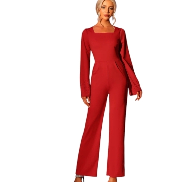 New Red Jumpsuit knit pearl encrusted slit bell sleeves square neck NWT sz L - Picture 8 of 9
